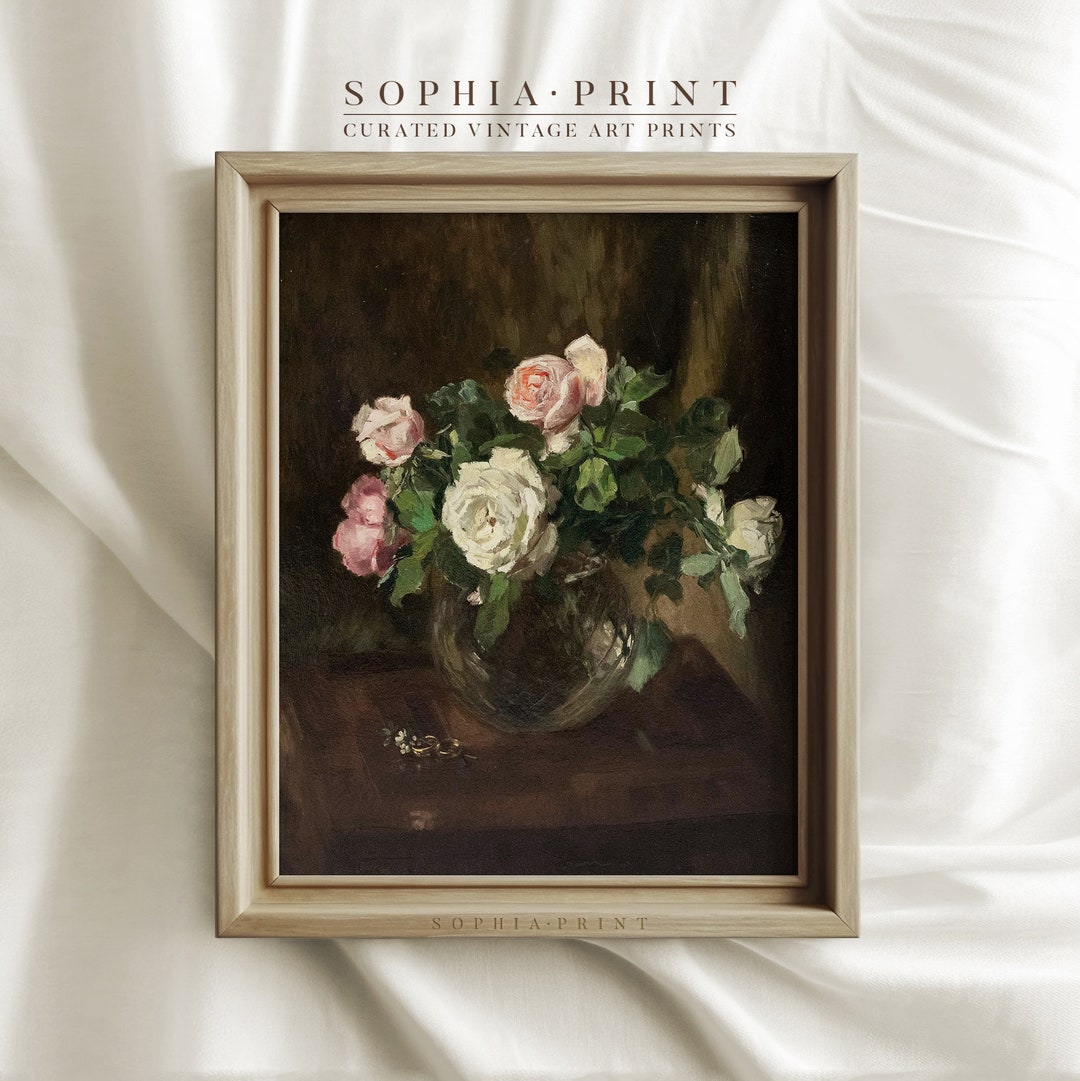 White and Pink Roses Painting Art Print, Vintage Rose Art Print ...