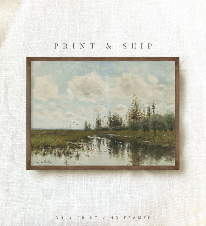 May include: A framed painting depicting a landscape with a river, trees, and a cloudy sky. The painting is in a brown frame and has a signature in the bottom left corner.