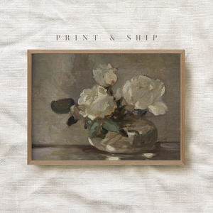 White Roses Painting, Vintage Flower Print, Antique Botanical Wall Art, Floral Oil Painting, Still Life Art Print, Roses in Glass Vase #326