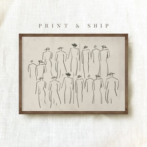 Könnte beinhalten: Eine Schwarzweiß-Zeichnung einer Gruppe von Menschen mit Hüten. Die Zeichnung befindet sich auf einem beigefarbenen Hintergrund und ist in einem braunen Rahmen gerahmt. Der Text "PRINT & SHIP" befindet sich über der Zeichnung und der Text "ONLY PRINT / NO FRAMED" unter der Zeichnung.