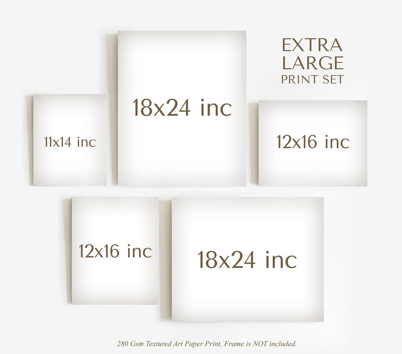 May include: A set of four white framed prints with brown text indicating the size of each print. The sizes are 11x14 inches, 12x16 inches, 18x24 inches, and 18x24 inches. The text "EXTRA LARGE PRINT SET" is at the top of the image.