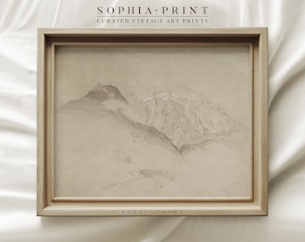 Neutral Mountain Drawing, Soft Beige Sketch Art, Vintage Wall Art, Landscape Art Print, Rustic Sketch Print #360