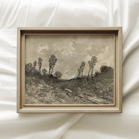 Vintage Ink Landscape Drawing Print, Neutral Watercolor Forest Painting Print, Botanical Rustic Wall Art, MAILED ART PRINTS #343