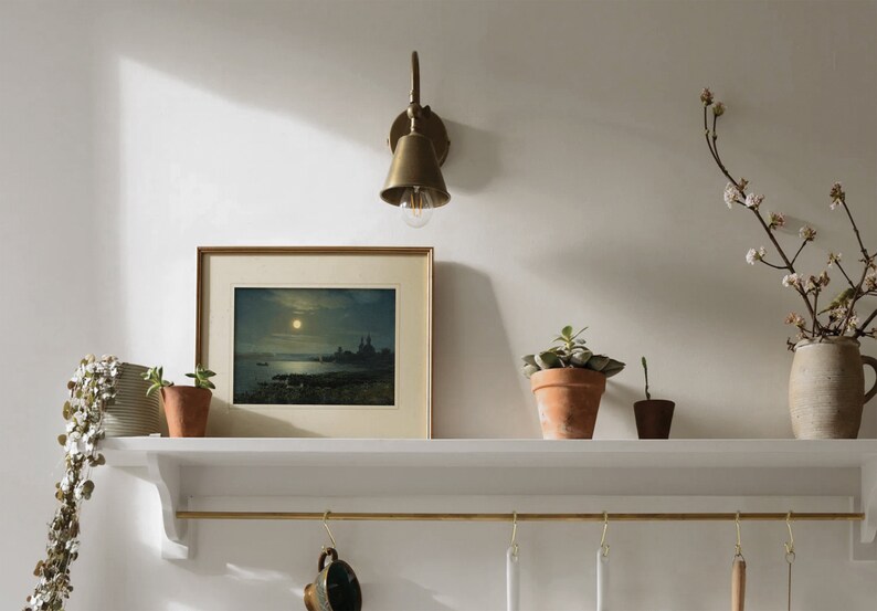 May include: A white shelf with a brass rail and hooks hangs on a white wall. A framed picture of a moonlit seascape sits on the shelf, along with a small potted plant and a brass wall sconce with a light bulb.