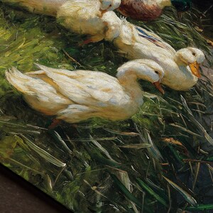 May include: A painting of a group of white ducks in a grassy area near a body of water. The ducks are in various positions, some with their heads turned to the side and others with their beaks open. The grass is green and lush, and the water is a light blue.