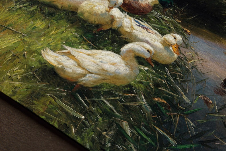 May include: A painting of a group of white ducks in a grassy area near a body of water. The ducks are in various positions, some with their heads turned to the side and others with their beaks open. The grass is green and lush, and the water is a light blue.