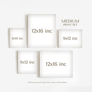 Puede incluir: Un conjunto de impresi&oacute;n mediano con cinco impresiones art&iacute;sticas rectangulares de varios tama&ntilde;os. Los tama&ntilde;os son 20,3x25,4 cm, 22,9x30,5 cm y 30,5x40,6 cm. El texto "MEDIUM PRINT SET" se muestra.
