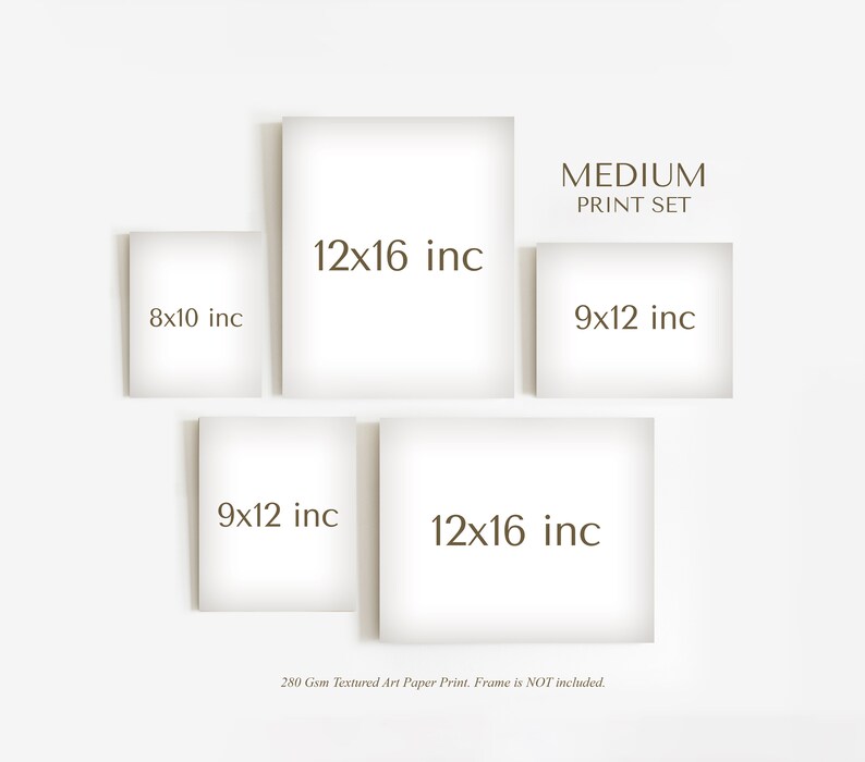 Puede incluir: Un conjunto de impresi&oacute;n mediano con cinco impresiones art&iacute;sticas rectangulares de varios tama&ntilde;os. Los tama&ntilde;os son 20,3x25,4 cm, 22,9x30,5 cm y 30,5x40,6 cm. El texto "MEDIUM PRINT SET" se muestra.