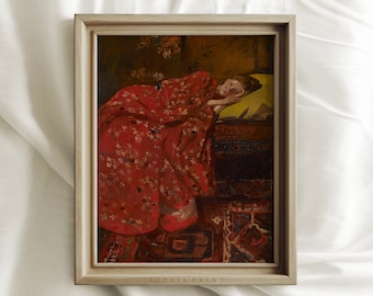Woman Is Resting,  Pink Dress Women, Young Blonde Girl, Red Carpet Oil Print, Farmhouse Painting, Vintage Wall Art, Mailed Art Print #80