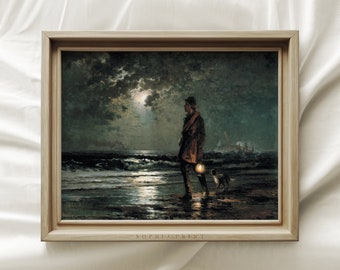 Dark Moody Seascape, Man And Dog, Night Beach, Vintage Sea Art, vintage wall art prints, Nautical Landscape Painting, fine art print, #18