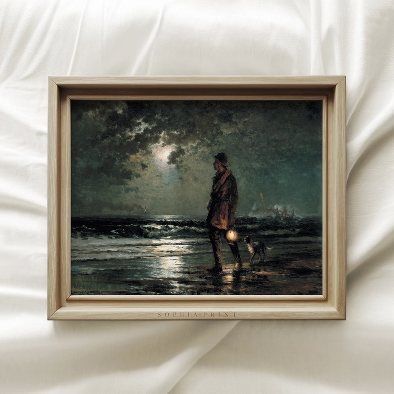 May include: A framed painting depicting a man and his dog walking along a beach at night. The man is carrying a lantern and the dog is looking towards the viewer. The moon is shining brightly in the sky and the waves are crashing on the shore.