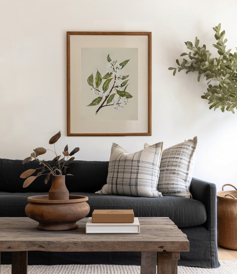 May include: A framed botanical print of a flowering branch with green leaves and white blossoms. The print is in a brown wooden frame, hanging above a dark gray sofa with plaid pillows. A wooden coffee table holds a vase and books.