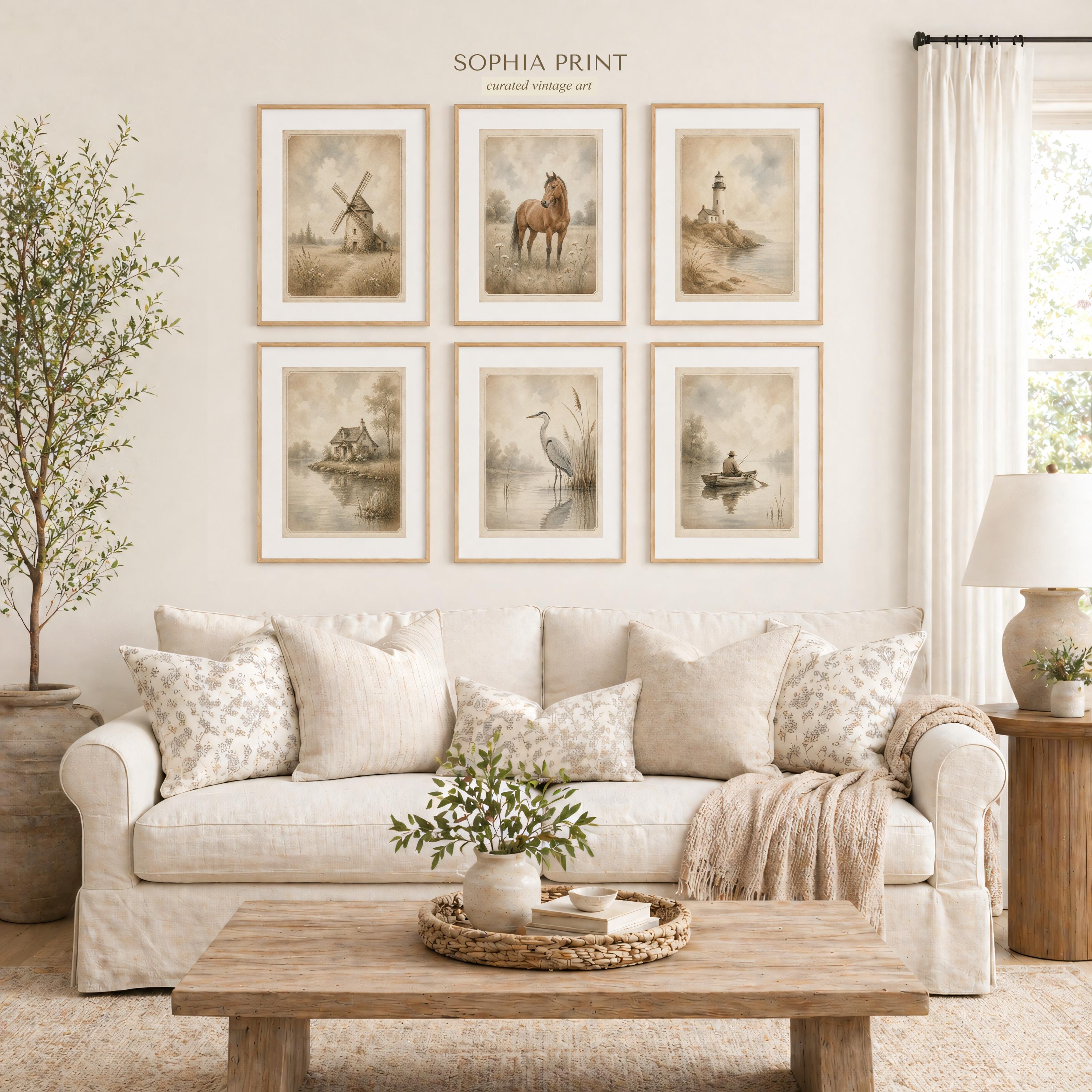 Vintage Landscape Gallery Wall Set of 6, Neutral Farmhouse Prints ...