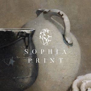 May include: A still life image of a black pot and a white ceramic pitcher with a stylized floral design and the text "SOPHIA PRINT" on a textured canvas background.