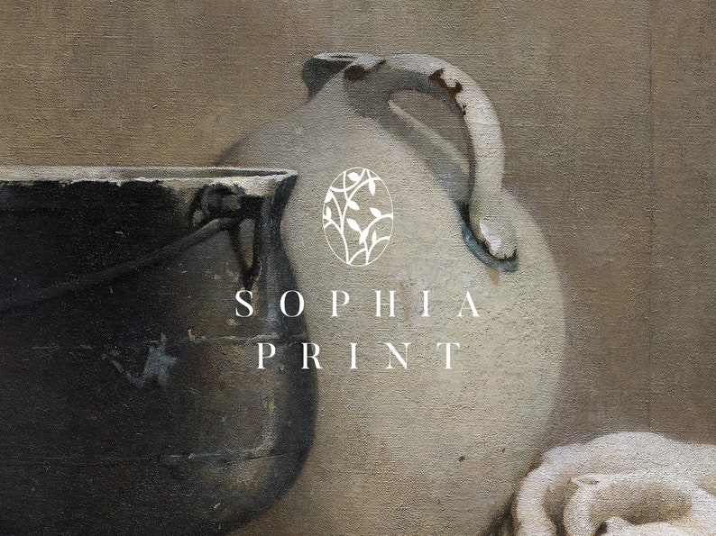 May include: A still life image of a black pot and a white ceramic pitcher with a stylized floral design and the text "SOPHIA PRINT" on a textured canvas background.