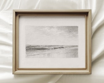 Beach Sketch Art, Sea Sketch Print, Vintage Landscape Sketch Art, Vintage Etching, Neutral Art Print #300