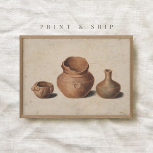 May include: A watercolor painting of three brown pottery vessels. The largest vessel is cracked and has a textured surface. The smallest vessel has a bird-like spout. The vessels are arranged in a row on a light brown background.