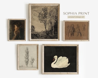 Moody Gallery Set, PRINT SET of 5, Vintage Print Set, Black and Brown Tone Prints, Rustic Farmhouse Wall Art Set, Antique Decor #652