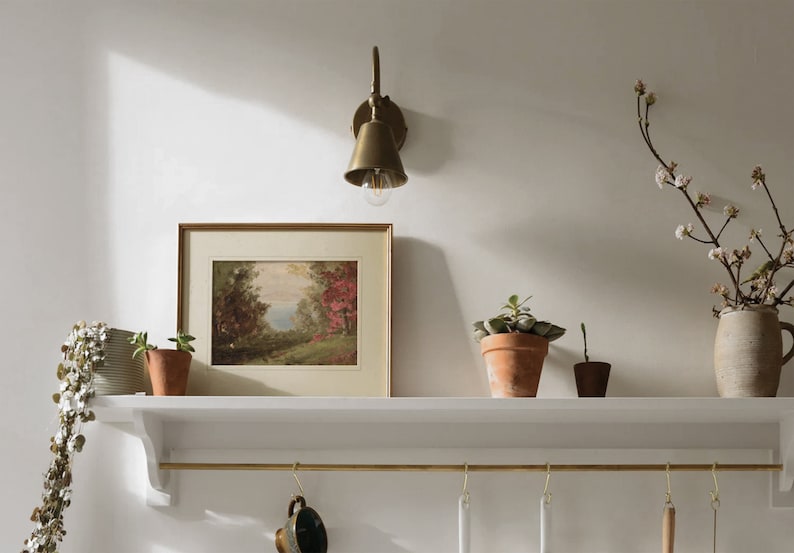 May include: A white shelf with a brass rail and hooks hangs on a white wall. A framed landscape painting, a brass wall sconce, and three potted plants are on the shelf. A vase with white flowers is on the wall to the right of the shelf.