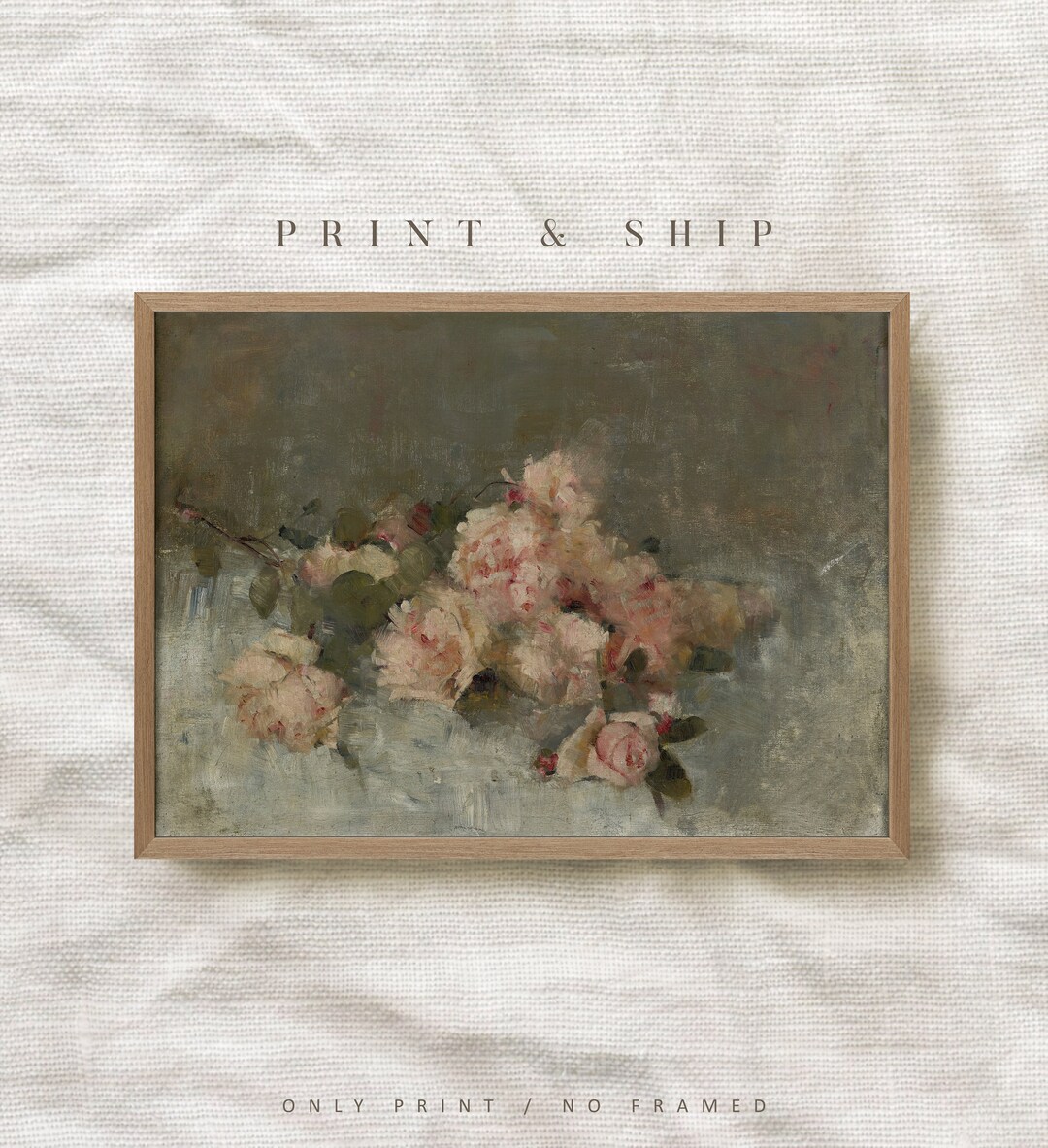 Vintage Pink Flower Print, Cottage Wall Art, Rose Still Life Painting ...