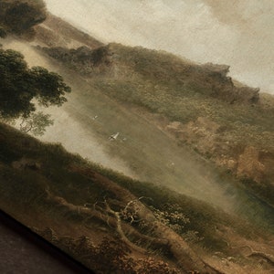 Pu&ograve; includere: Un dipinto di paesaggio nebbioso con vista su una valle e colline in lontananza. Il dipinto &egrave; realizzato in toni tenui di marrone, verde e grigio.