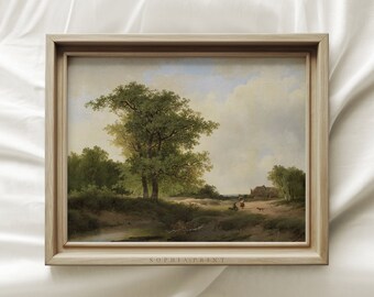 May include: A framed landscape painting depicting a rural scene with a large tree, a stream, and figures in the distance. The painting is set against a blue sky with white clouds. The frame is a light brown wood.