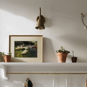 May include: A white shelf with a brass rail and hooks hangs on a white wall. A framed print of ducks swimming in a pond sits on the shelf. There are three potted plants on the shelf, and a brass wall sconce with a light bulb is mounted on the wall above the shelf.