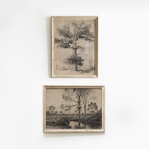 Stimmungsvoller Vintage 3D Baum Skizzen Print, Beige Ton, Landschafts Kunst, Fotodruck SET, 2er Set #528