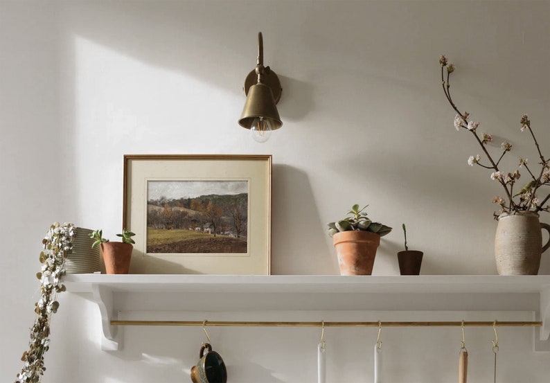 May include: A wall-mounted brass light fixture with a bell-shaped shade is mounted above a white shelf. A framed landscape painting, potted plants, and a vase of flowers decorate the shelf. The scene evokes a cozy, rustic aesthetic.