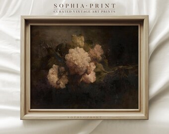 May include: A vintage painting of a bouquet of pink flowers in a dark brown frame. The flowers are arranged in a loose, natural style, and the painting has a soft, romantic feel.
