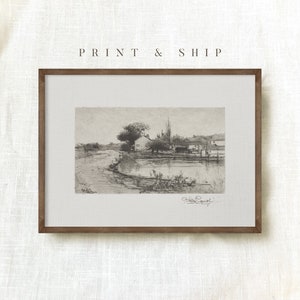 Vintage Country Sketch, Landscape Print, Neutral Drawing Wall Art, Rustic Farmhouse Art, Printed Shipped, Antique Wall Art #98