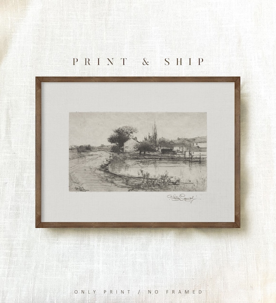 Vintage Country Sketch, Landscape Print, Neutral Drawing Wall Art, Rustic Farmhouse Art, Printed Shipped, Antique Wall Art #98