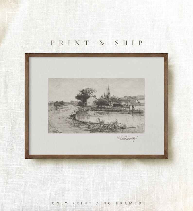 May include: Framed black and white landscape print featuring a serene waterside scene with a house and trees. The print is in a brown wooden frame. The text "PRINT & SHIP" and "ONLY PRINT / NO FRAMED" are visible.