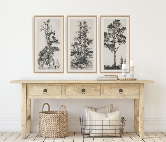 Trees Etching Set of 3, Vintage Drawing, Antique Sketch, Gallery Wall Art, Trees Drawings Set, Rustic Sketch, Botanical Art #141
