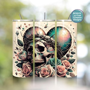 Skull Roses Hearts Tumbler Wrap, Gothic Skull 20 oz Skinny Straight Sublimation Tumbler Design, Spooky Skeleton PNG Digital Download