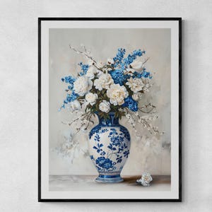Arte murale floreale cineseria stampabile stampa botanica vintage Grandmillennial Toile French Country Artwork elegante arredamento per la casa blu bianco