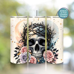 Skull Roses Hearts Tumbler Wrap, Gothic Skull 20 oz Skinny Straight Sublimation Tumbler Design, Spooky Skeleton PNG Digital Download