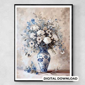 Arte murale floreale cineseria stampabile stampa botanica vintage Grandmillennial Toile French Country Artwork elegante arredamento per la casa blu bianco