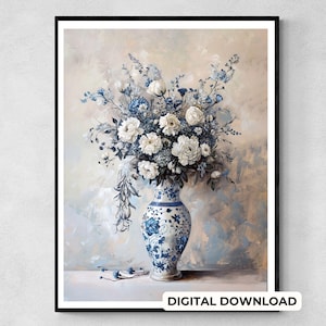 Arte murale floreale cineseria stampabile stampa botanica vintage Grandmillennial Toile French Country Artwork elegante arredamento per la casa blu bianco