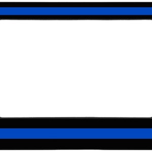 May include: Black license plate frame with two thin blue stripes at the top and bottom.