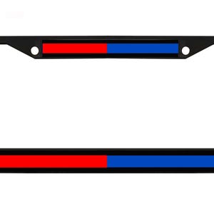May include: Black license plate frame with a red and blue stripe design. The frame has a rectangular shape with rounded corners and two mounting holes at the top. The red and blue stripes are horizontal and run across the top and bottom of the frame.