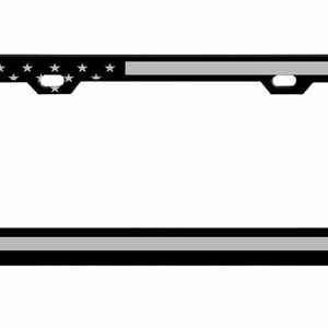 May include: Black license plate frame with a thin silver stripe and a blue line, featuring a stylized American flag design with white stars on a black background.