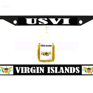 USVI Virgin Islands Chrome Metal Auto License Plate Frame Car Tag Holder with car Banner Flag