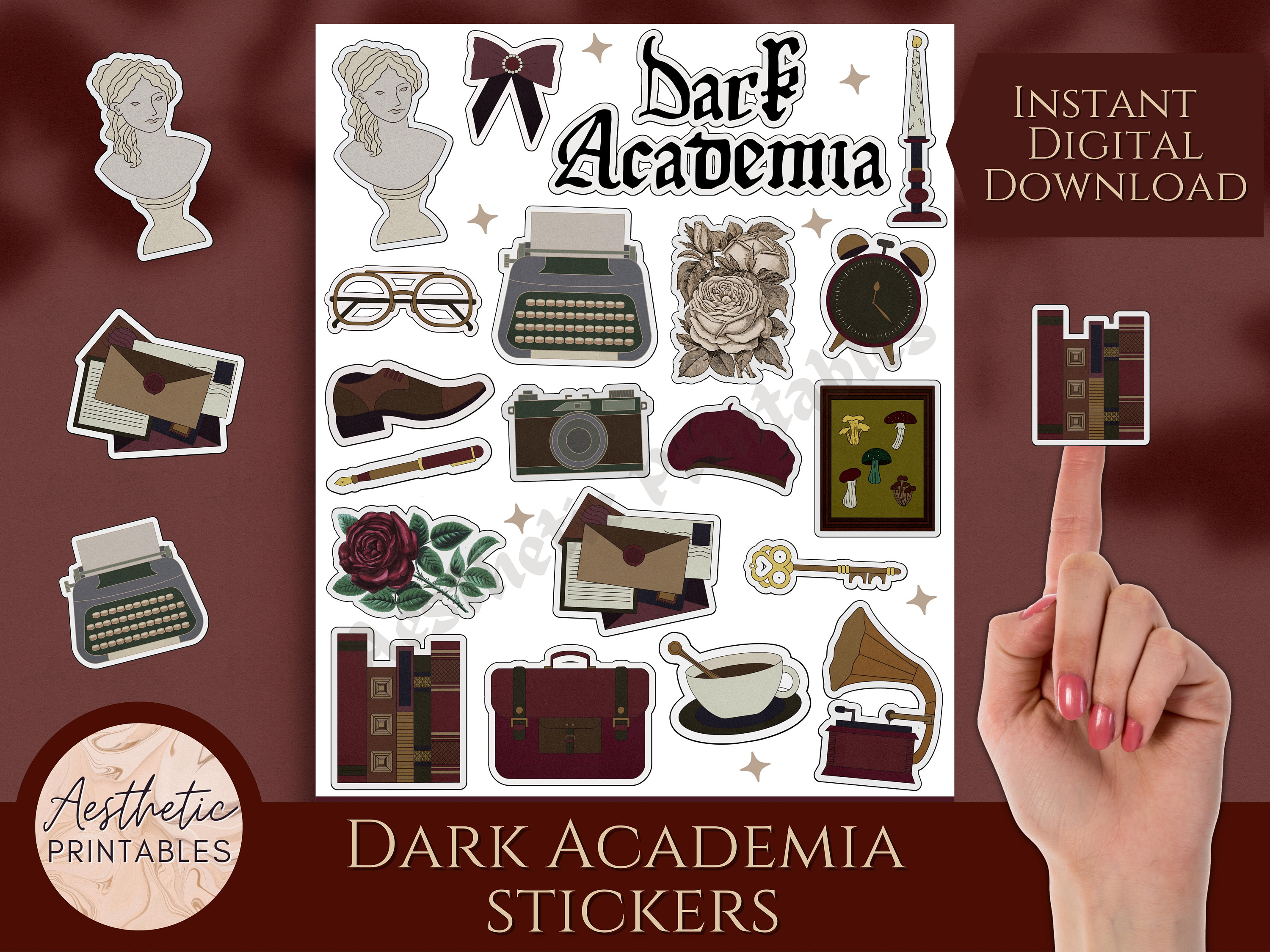 Dark Academia Stickers, Printable Sticker Sheet, Journal Stickers