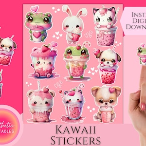 Kawaii Aufkleber, Boba Aufkleber, druckbare Aufkleber Blatt, Kawaii Aufkleber Blatt, süße Aufkleber, Goodnotes Aufkleber, süße Tiere Boba
