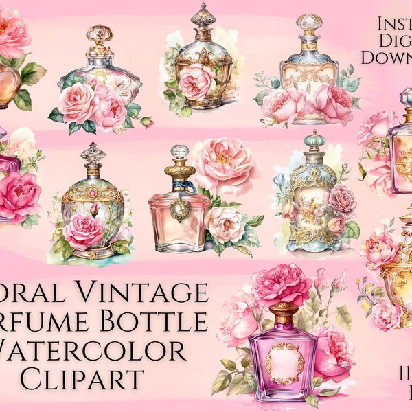 Floral Vintage Perfume Bottle Watercolor Clipart, Transparent Background PNG, Floral Clipart, Vintage Rose, Perfume Bottle, Digital Download
