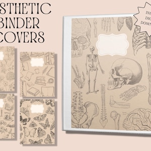 May include: Set of four printable binder covers featuring vintage illustrations. The covers include botanical designs, a typewriter and books, butterflies, and anatomical drawings of a skeleton, skull, and spine.