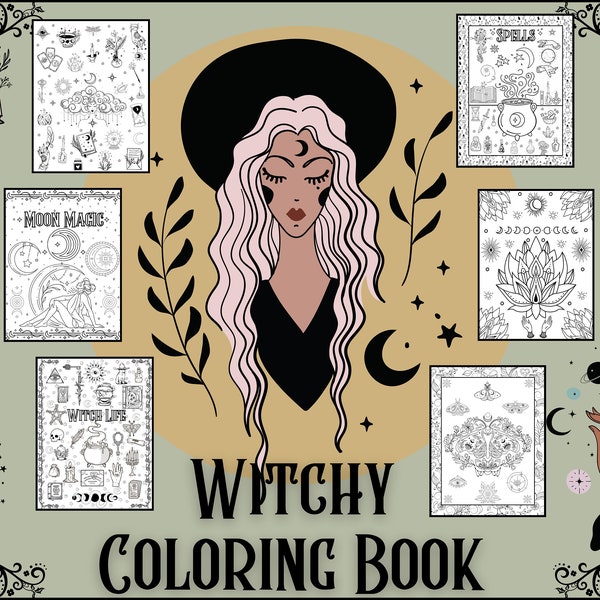 Witchy Coloring Pages, Witchy Malbuch zum Ausdrucken, PDF-Malbuch, ästhetisches Malbuch, Witchy Printable für Jugendliche und Erwachsene