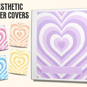 May include: Four printable binder covers with a heart design. The covers are in pink, orange, yellow, and blue with white stripes. The covers have a heart shape with concentric circles in the center. The covers are labeled "Aesthetic Binder Covers".