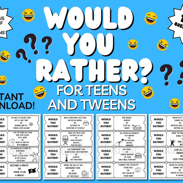 Would You Rather, Game for Teens, Party Games, Would You Rather For Teens, Printable PDF, This Or That, Fun Games, Teen Activities Game